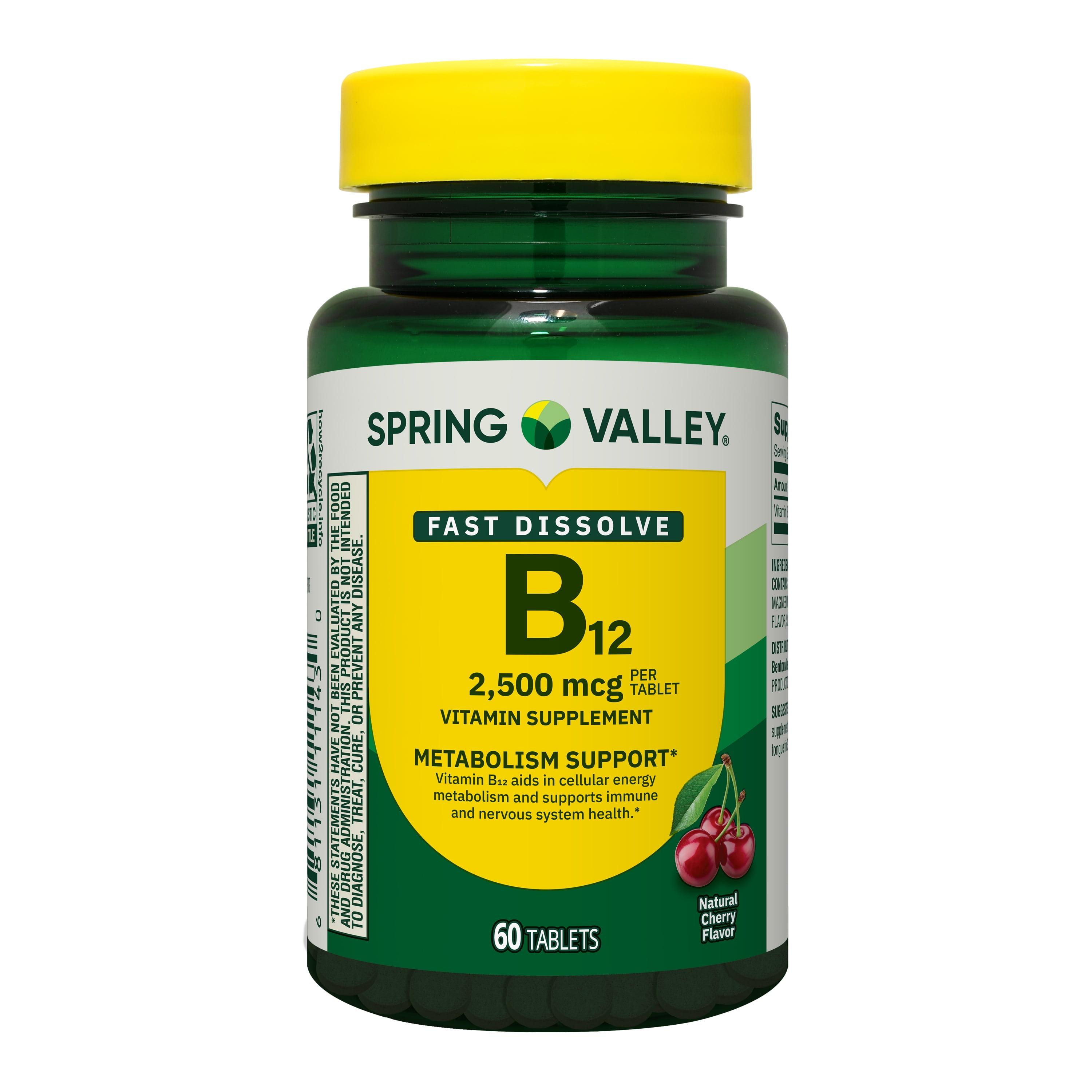 Spring Valley Vitamin B12 Supplement Quick-Dissolve Tablets, 2500 mcg, Cherry, 60 Count