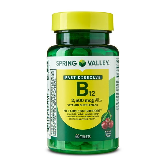 Spring Valley Vitamin B12 Supplement Quick-Dissolve Tablets, 2500 mcg, Cherry, 60 Count