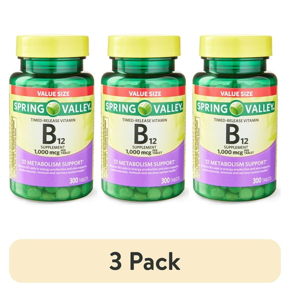 (3 pack) Spring Valley Vitamin B12 Timed-Release Tablets Dietary Supplement Value Size, 1,000 mcg, 300 Count