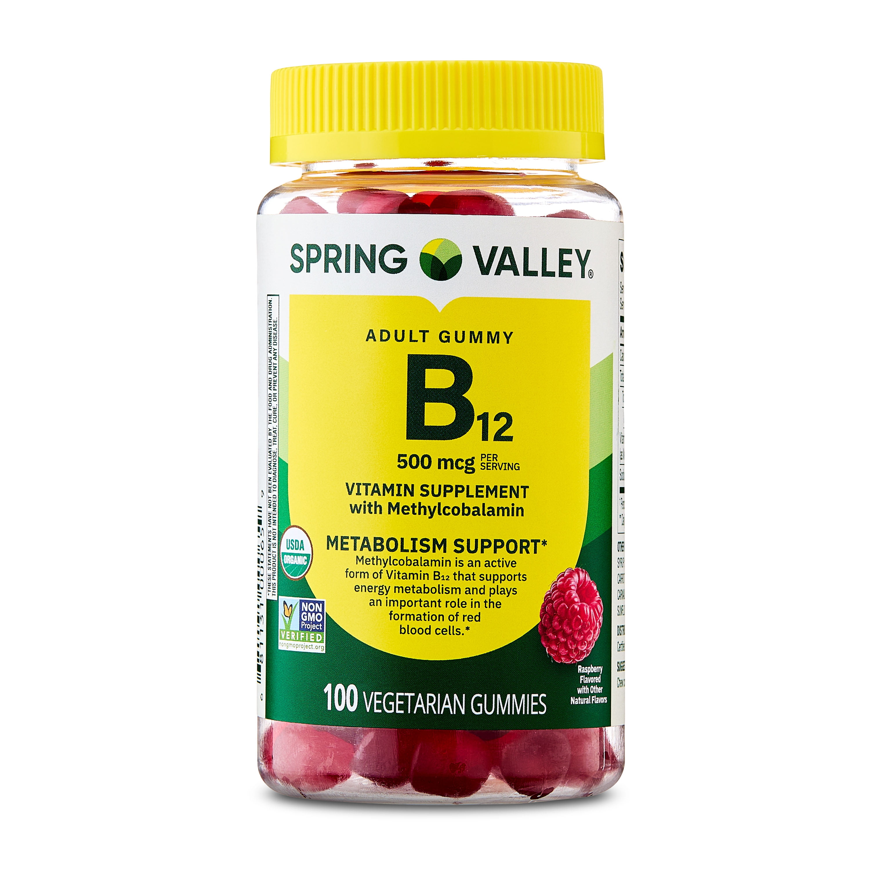 Spring Valley Vitamin B12 Supplement Vegetarian Gummies for Metabolism Support, Raspberry Flavor, 500 mcg, 100 Count