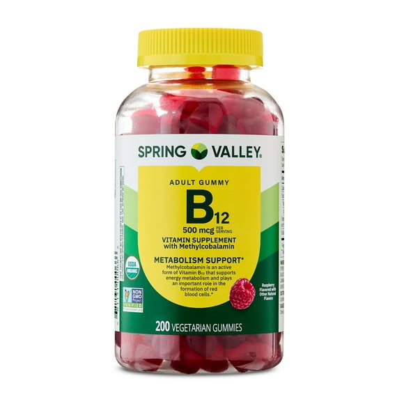 Spring Valley Vitamin B12 Vegetarian Gummies for Metabolism Support, Raspberry, 500mcg, 200 Count