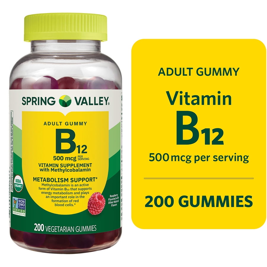 Spring Valley Vitamin B12 Supplement Vegetarian Gummies for Metabolism Support, Raspberry Flavor, 500 mcg, 200 Count