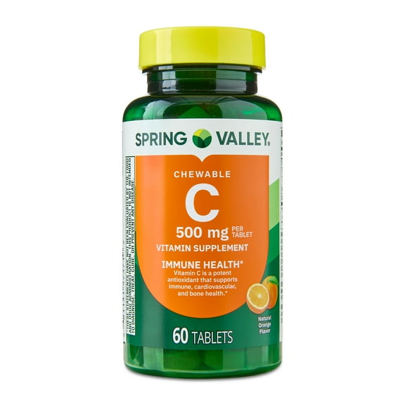 Spring Valley Vitamin C Dietary Supplement, Orange Flavor, 500 mg, 60 Count, Chewable Tablets