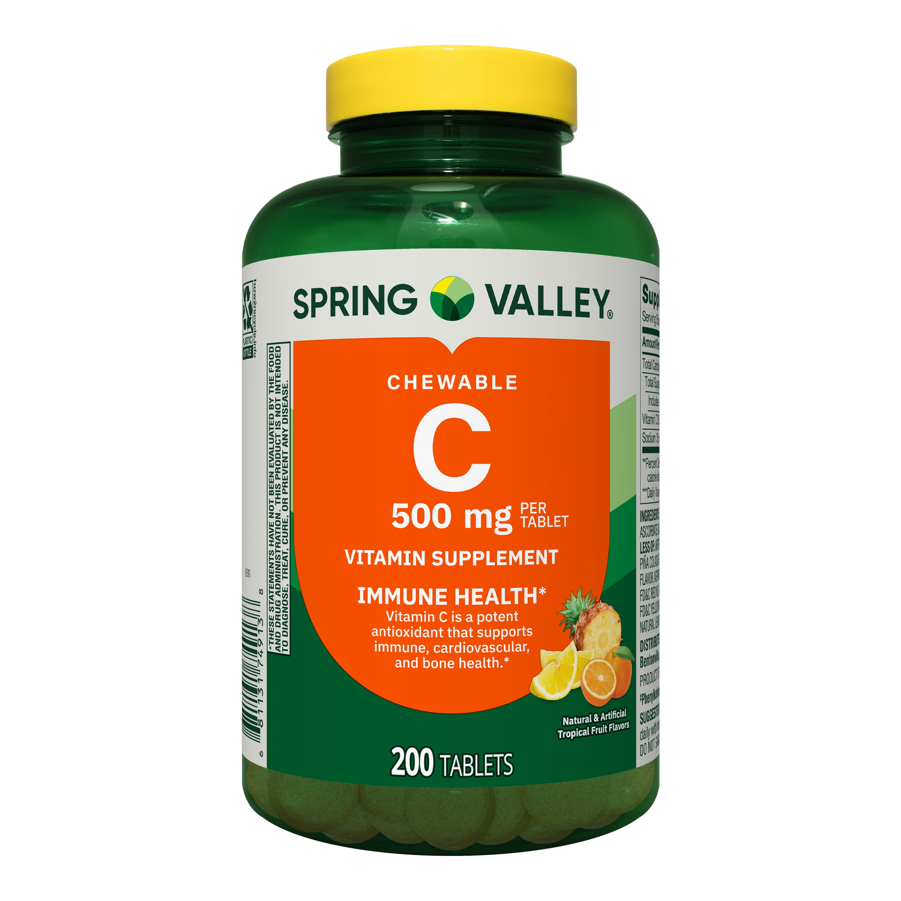 Spring Valley Vitamin C Dietary Supplement Chewable Tablets for Immune Health, Tropical Fruit, 500 mg, 200 Count