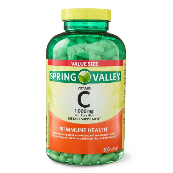 Spring Valley Vitamin C with Rose Hips Tablets Dietary Supplement Value Size, 1,000 mg, 500 Count