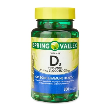 Spring Valley Vitamin D3 Supplement Softgels for Bone and Immune Health, 25 mcg (1000 IU), 200 Count