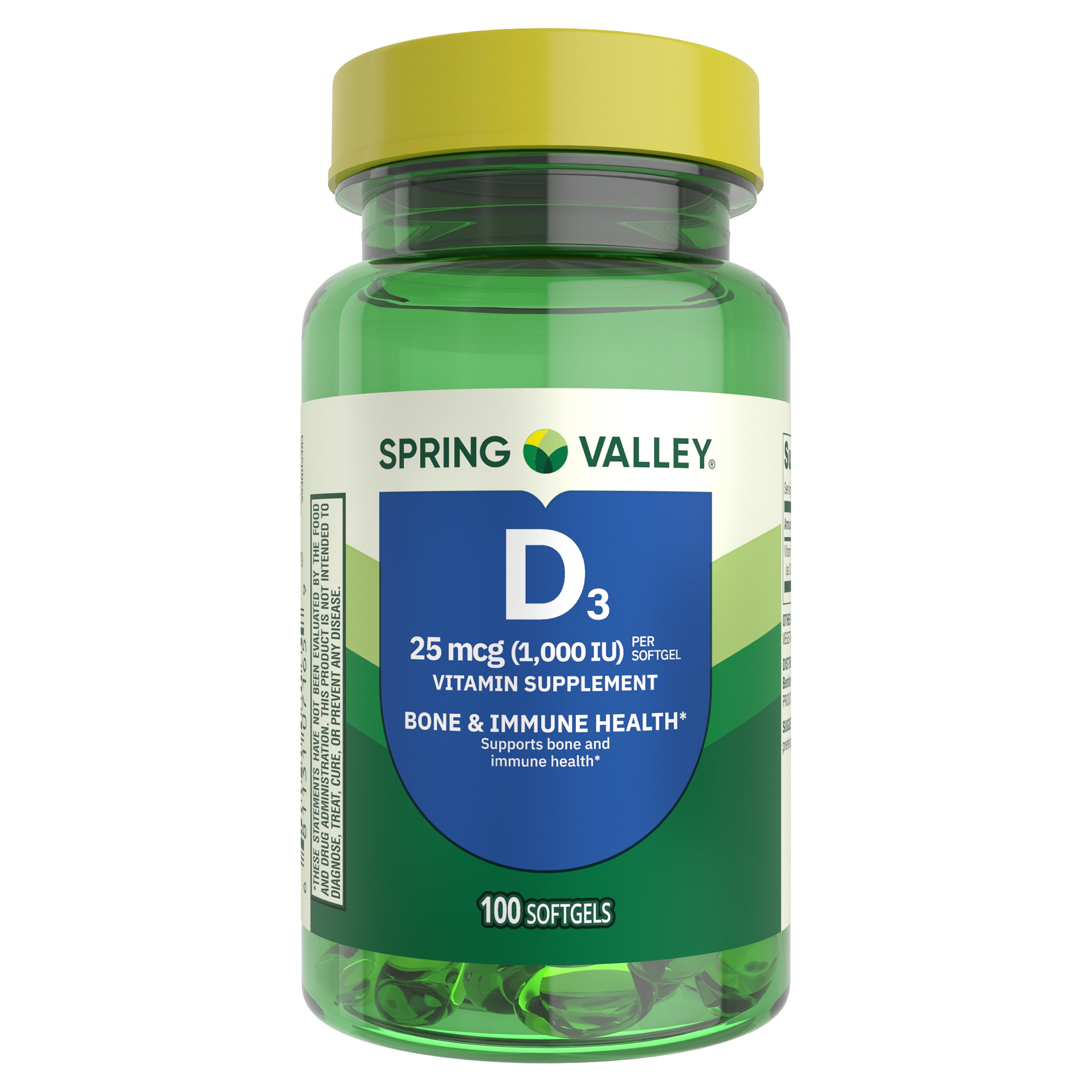 Spring Valley Vitamin D3 Supplement Softgels for Bone and Immune Health, 25 mcg (1000 IU), 100 Count