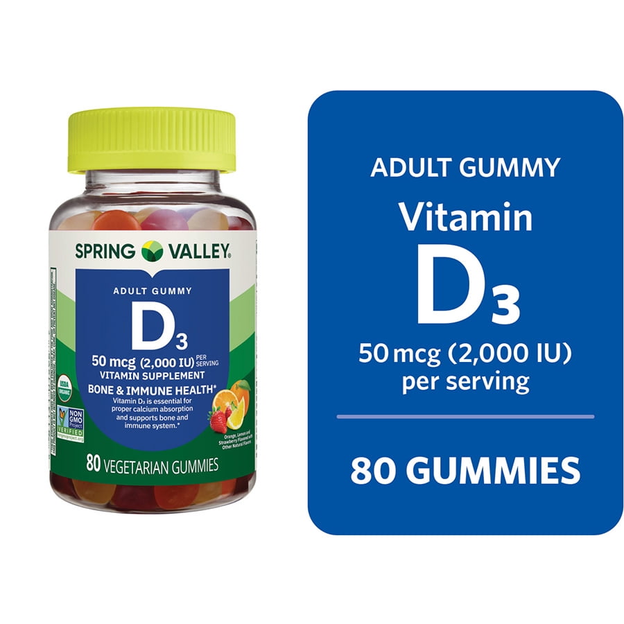 Spring Valley Vitamin D3 Supplement Gummies for Bone and Immune Health, Assorted Flavors, 50 mcg (2000 IU), 80 Count