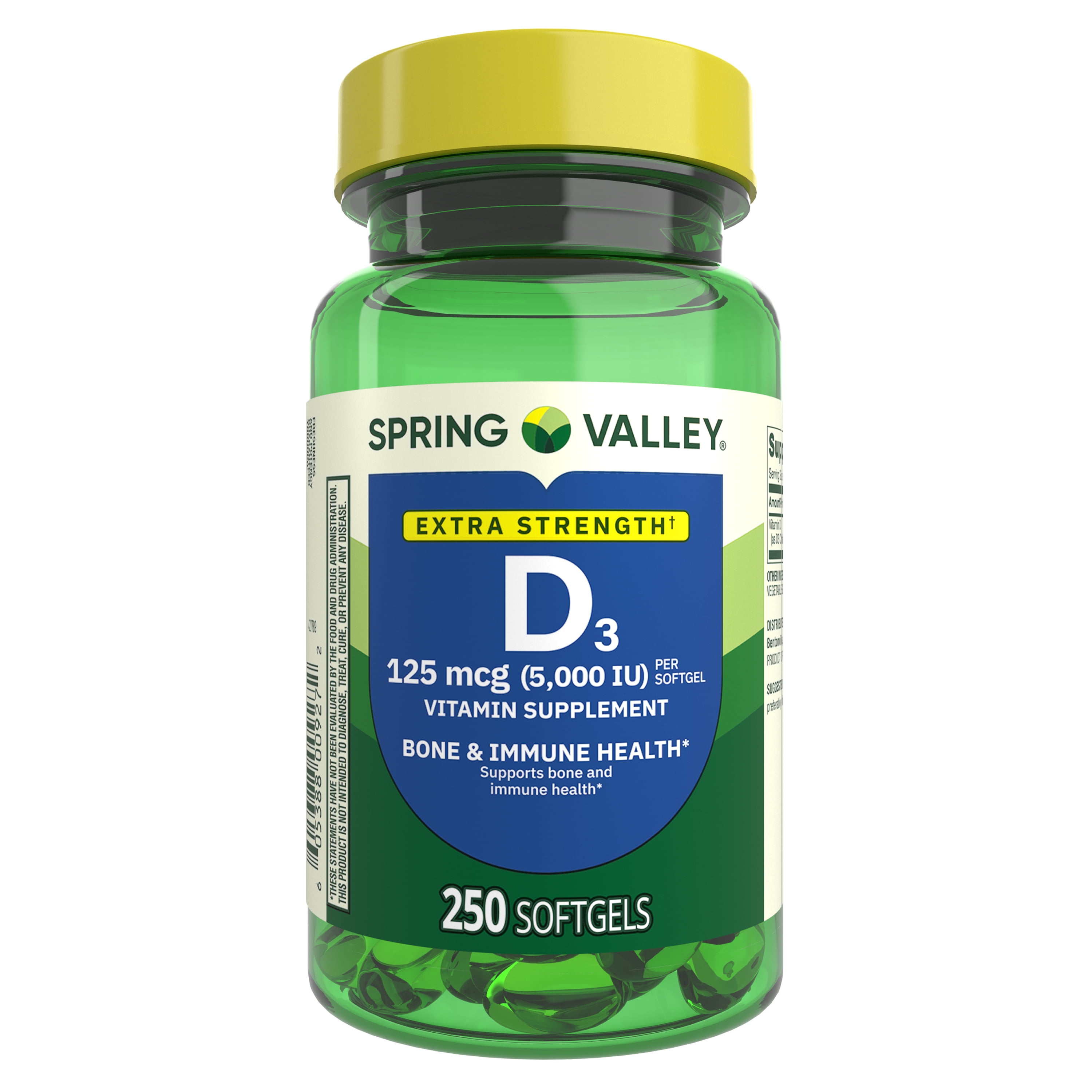 Spring Valley Extra Strength Vitamin D3 Supplement Softgels for Bone and Immune Health, 125 mcg (5000 IU), 250 Count