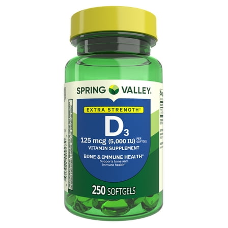 Spring Valley Extra Strength Vitamin D3 Softgels, 125 mcg (5000 IU), 250 Count, Supplement for Bone and Immune Health