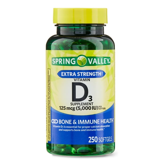 Spring Valley Extra Strength Vitamin D3 Softgels, 125 mcg (5000 IU), 250 Count, Supplement for Bone and Immune Health