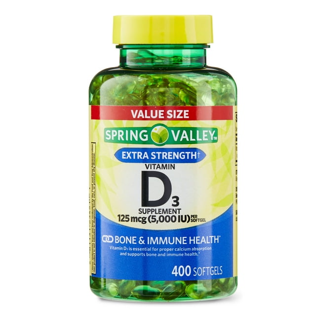 Spring Valley Vitamin D3 Softgels, 125 mcg per Softgel, 5,000 IU, 400 ...