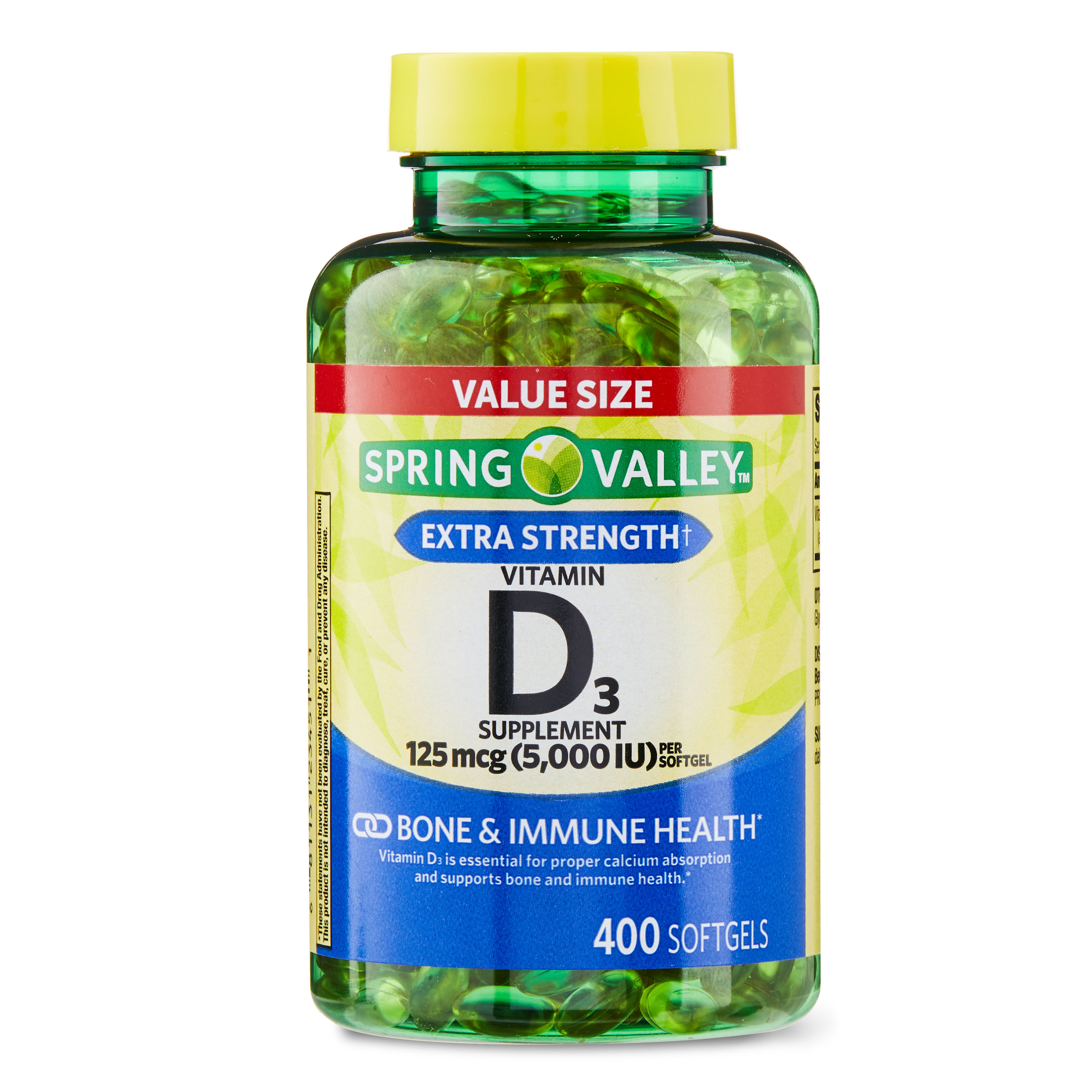 Spring Valley Vitamin D3 Softgels, 125 mcg per Softgel, 5,000 IU, 400 Count - image 1 of 16