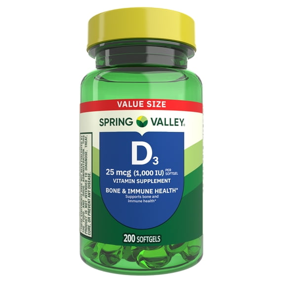 Spring Valley Vitamin D3 Softgels, 25 mcg (1000 IU), 200 Count, Supplement for Bone and Immune Health