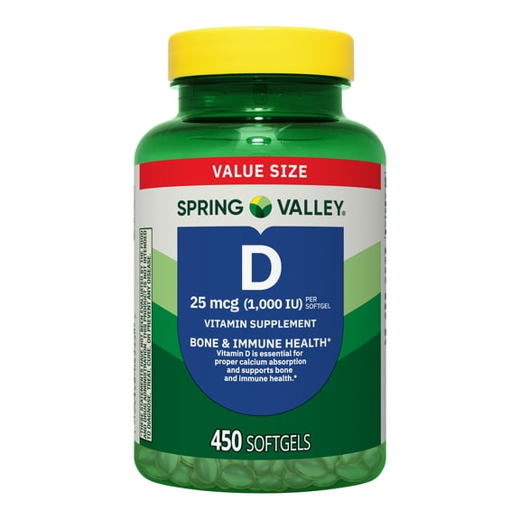 Spring Valley Vitamin D3 Softgels, 25 mcg (1000 IU), 450 Count, Supplement for Bone and Immune Health