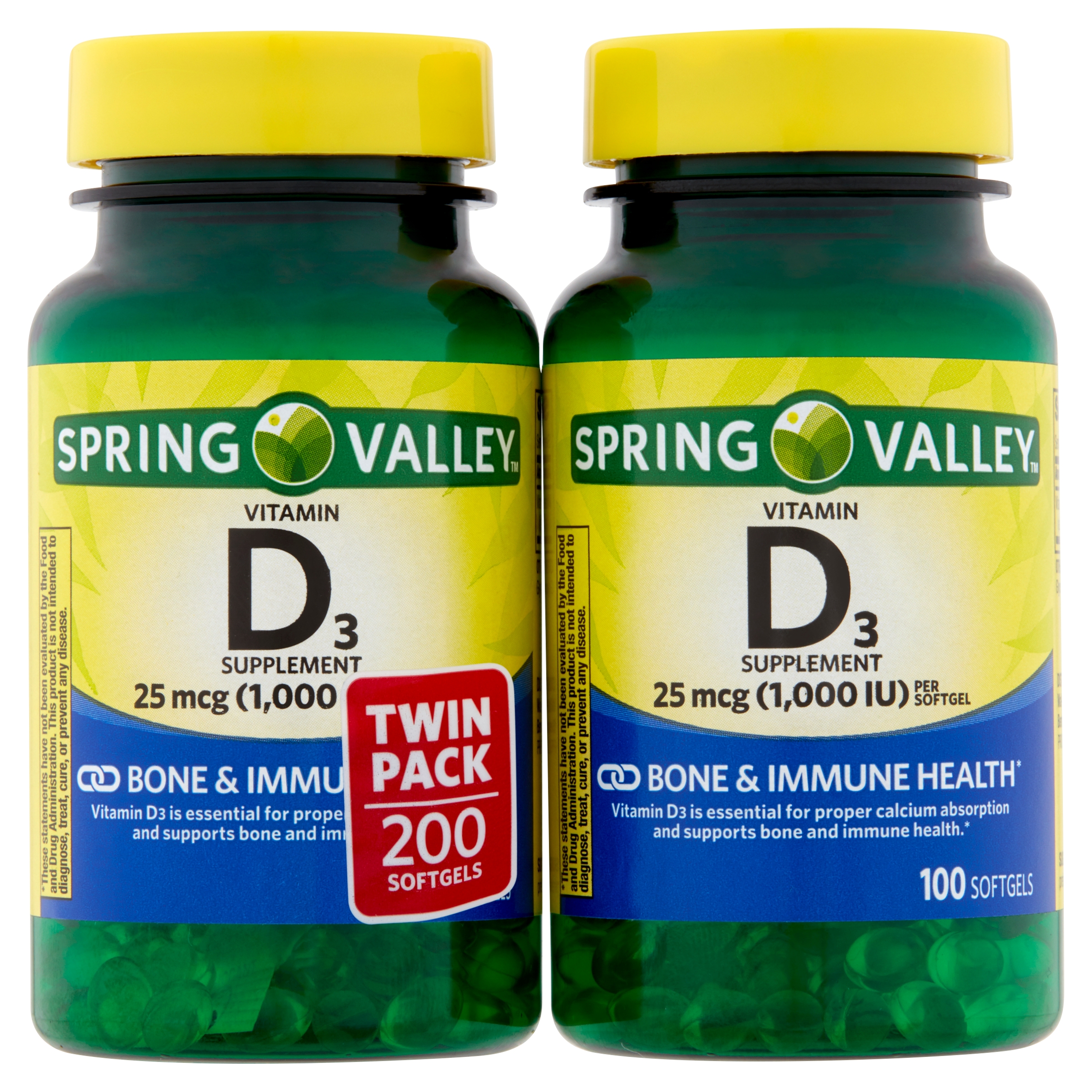 Spring Valley Vitamin D3 Softgels, 25mcg, 1,000 IU, 100 Count, 2 Pack - image 1 of 10