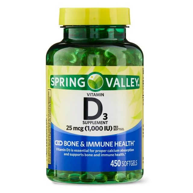 Spring Valley Vitamin D3 Softgels, 25mcg, 1,000 IU, 450 Count - Walmart.com