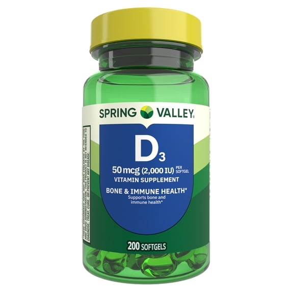 Spring Valley Vitamin D3 Softgels, 50 mcg (2,000 IU), 200 Count, Supplement for Bone and Immune Health
