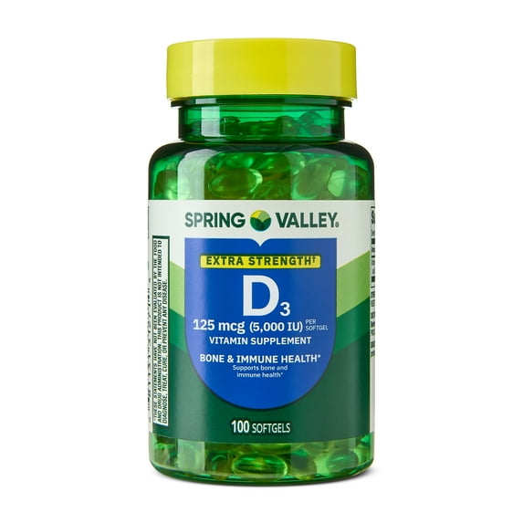Spring Valley Extra Strength Vitamin D3 Softgels, 125 mcg (5000 IU), 100 Count, Supplement for Bone and Immune Health