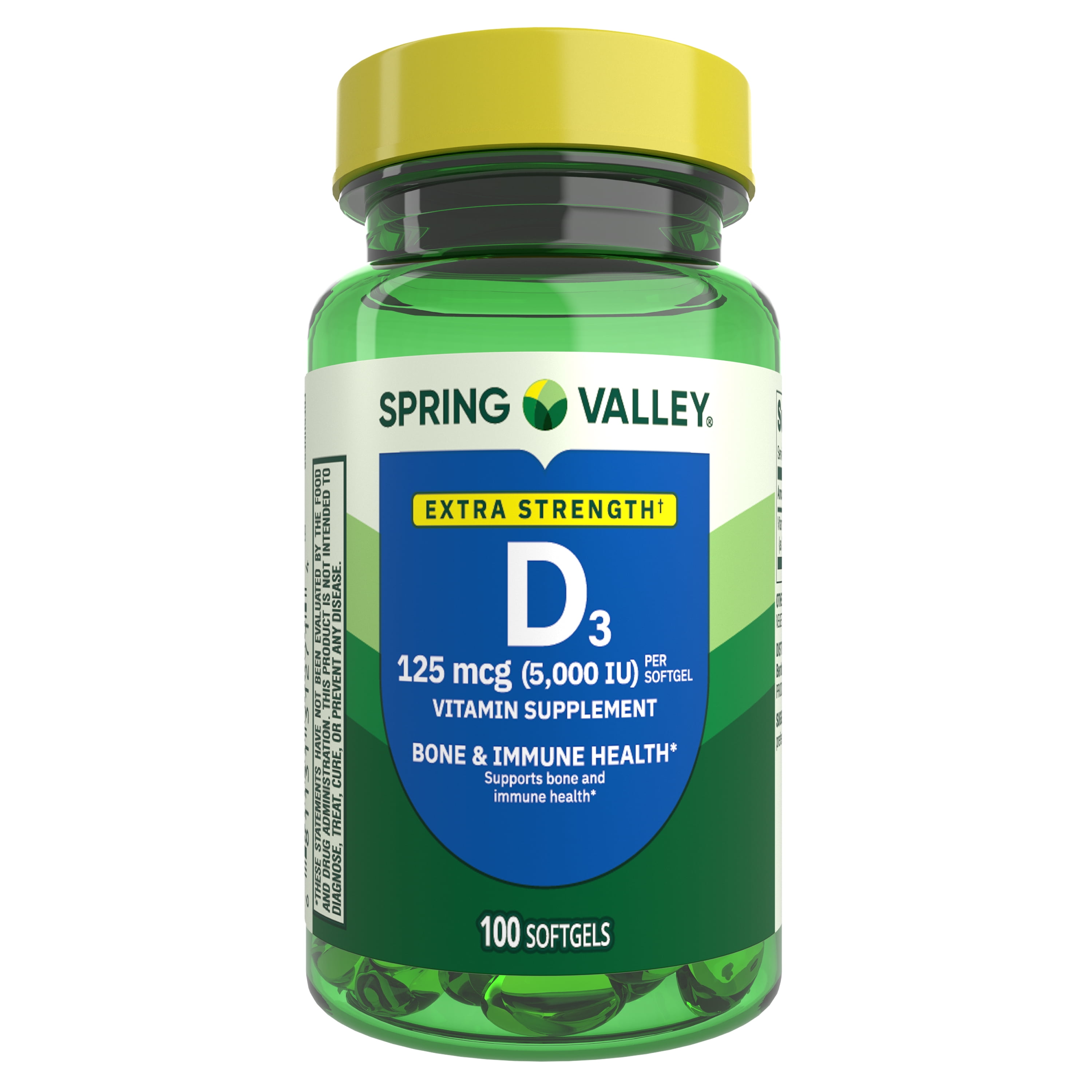 Spring Valley Extra Strength Vitamin D3 Supplement Softgels for Bone and Immune Health, 125 mcg (5000 IU), 100 Count