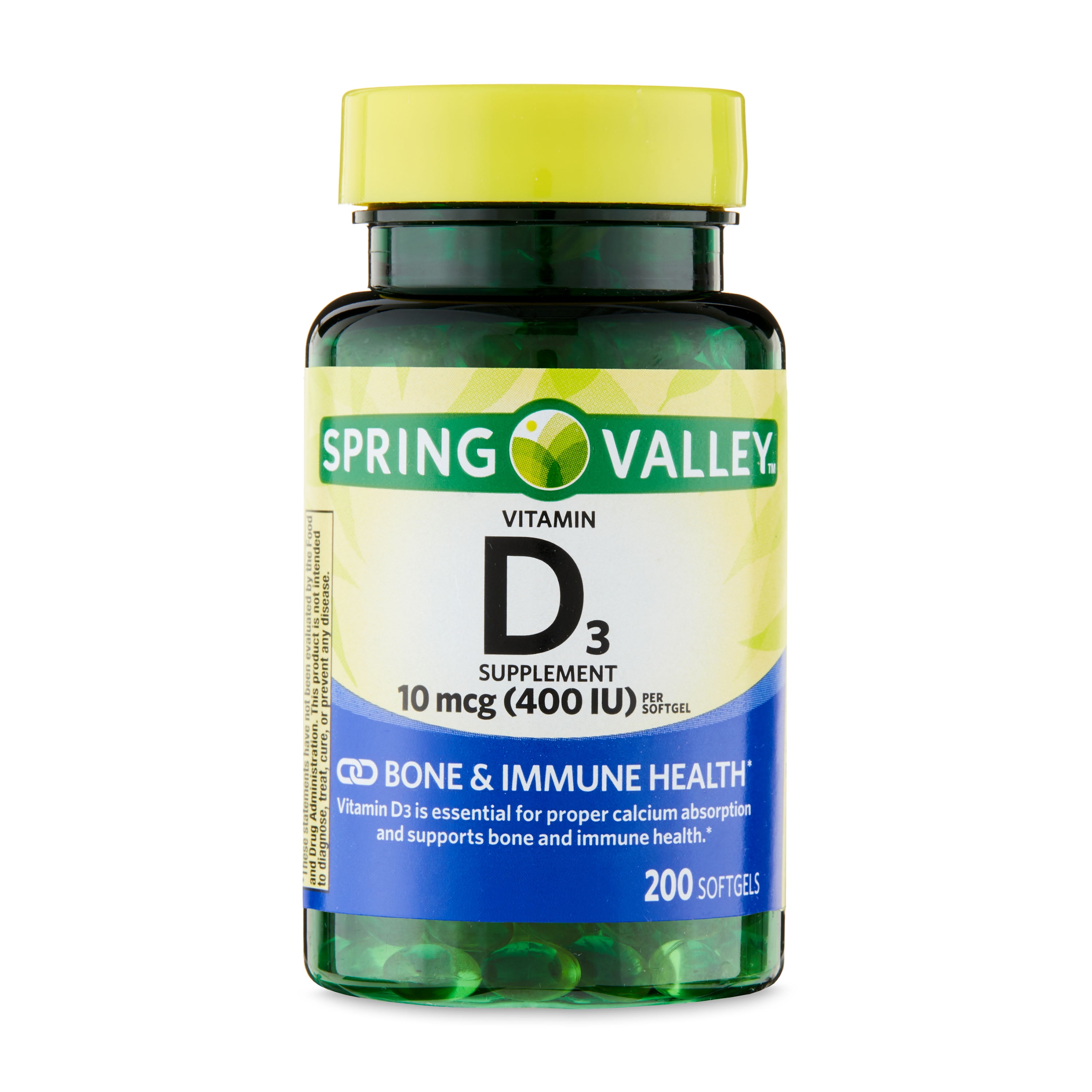 Spring Valley Vitamin D3 Supplement, 10 mcg (400 IU), 200 Softgels ...