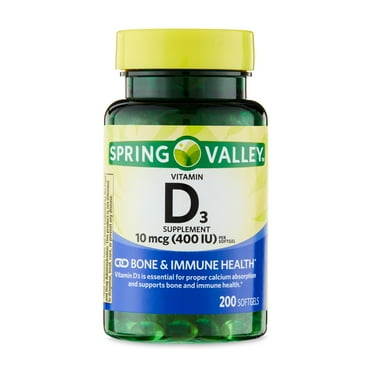 Spring Valley Vitamin D3 Supplement Softgels for Bone and Immune Health, 10 mcg (400 IU), 200 Count