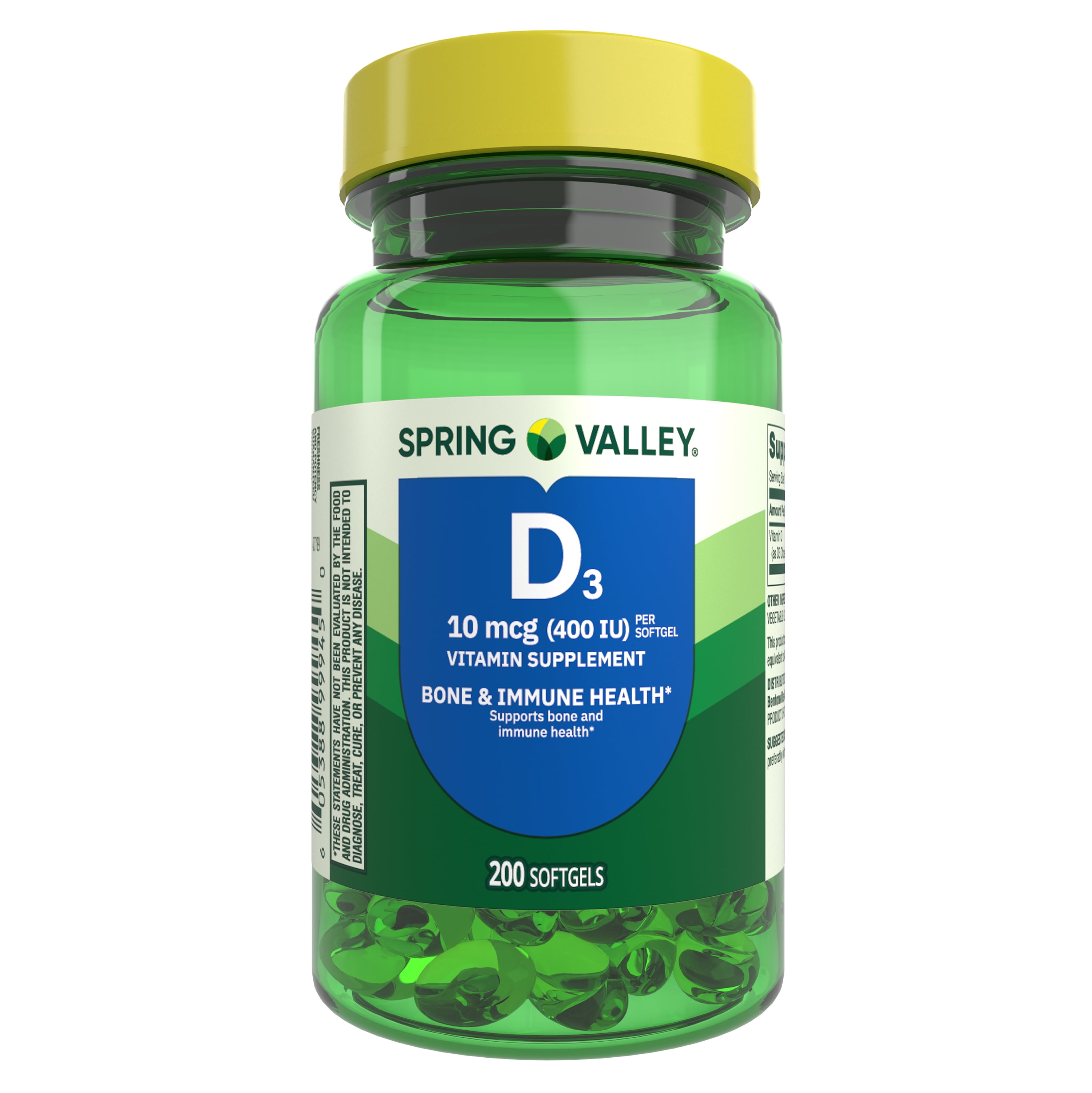Spring Valley Vitamin D3 Supplement Softgels for Bone and Immune Health, 10 mcg (400 IU), 200 Count