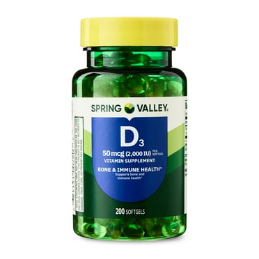 Spring Valley Vitamin D3 Softgels, 50 mcg (2,000 IU), 200 Count,  Supplement for Bone and Immune Health