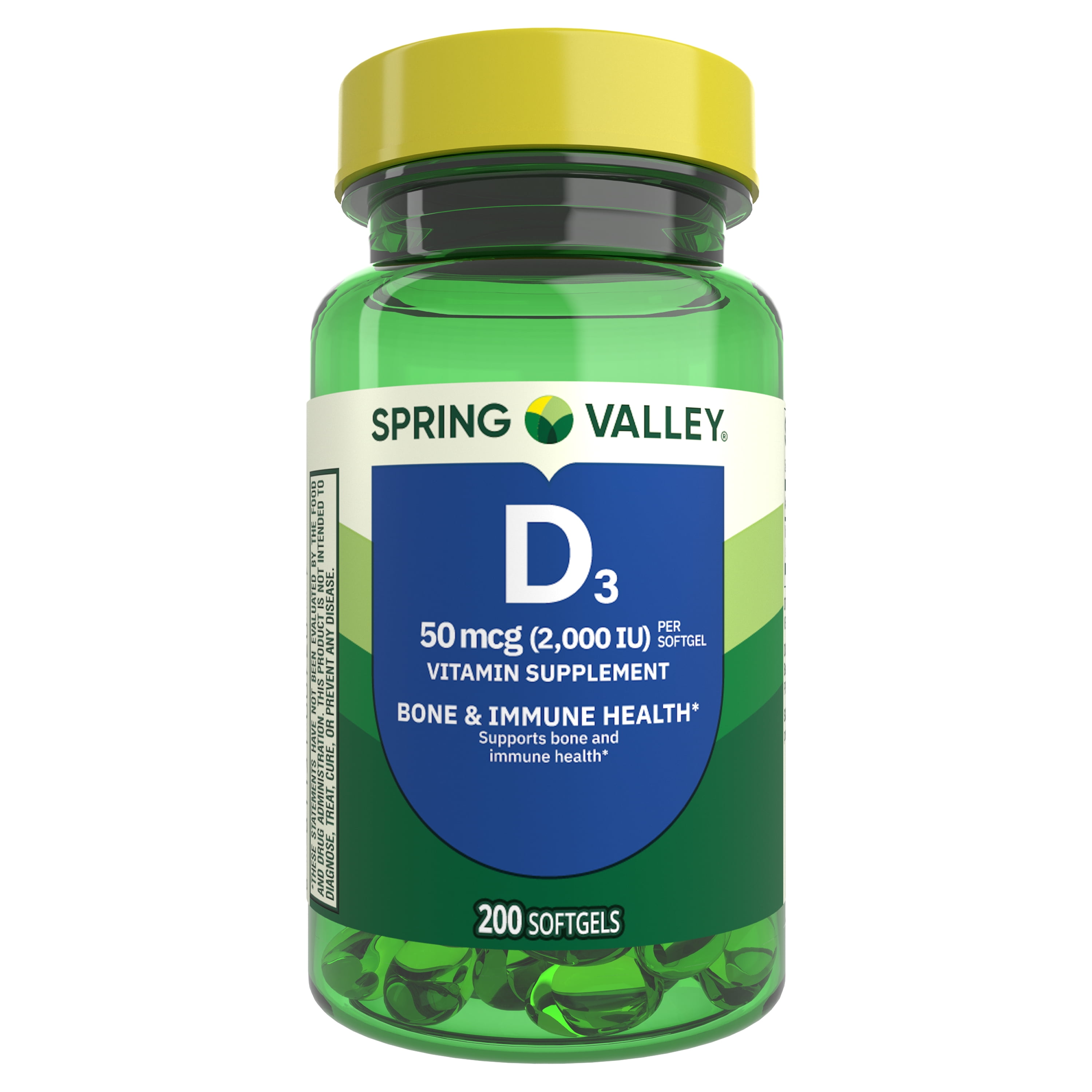 Spring Valley Vitamin D3 Supplement Softgels for Bone and Immune Health, 50 mcg (2,000 IU), 200 Count
