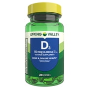 Spring Valley Vitamin D3 Softgels, 50 mcg (2,000 IU), 200 Count, Supplement for Bone and Immune Health