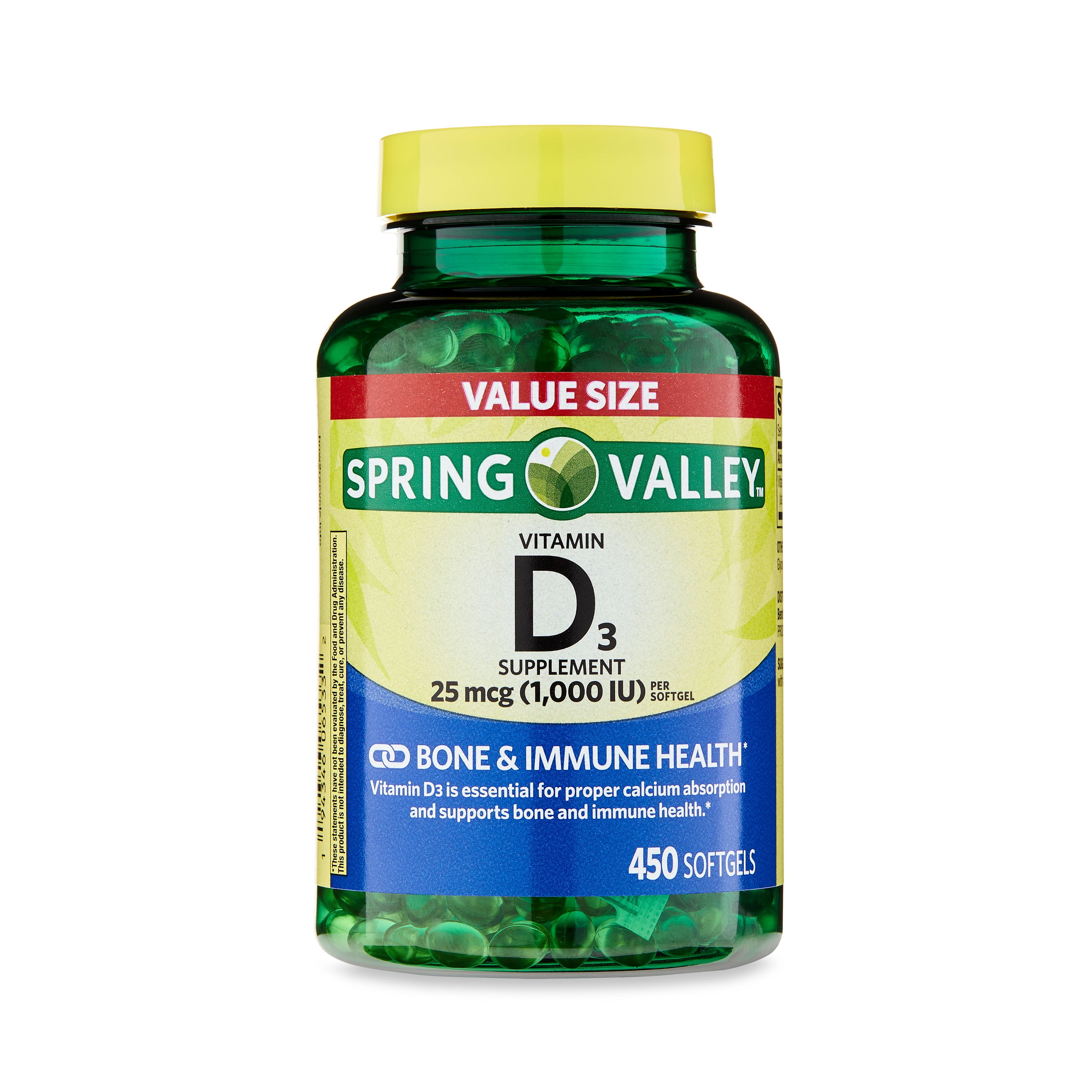 Spring Valley Vitamin D3 Supplement Softgels, 25 Mcg (1,000 IU), 450 ...