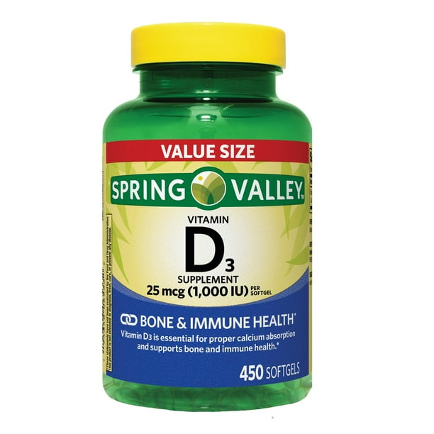 Spring Valley Vitamin D3 Supplement Softgels, 25 Mcg (1,000 IU), 450