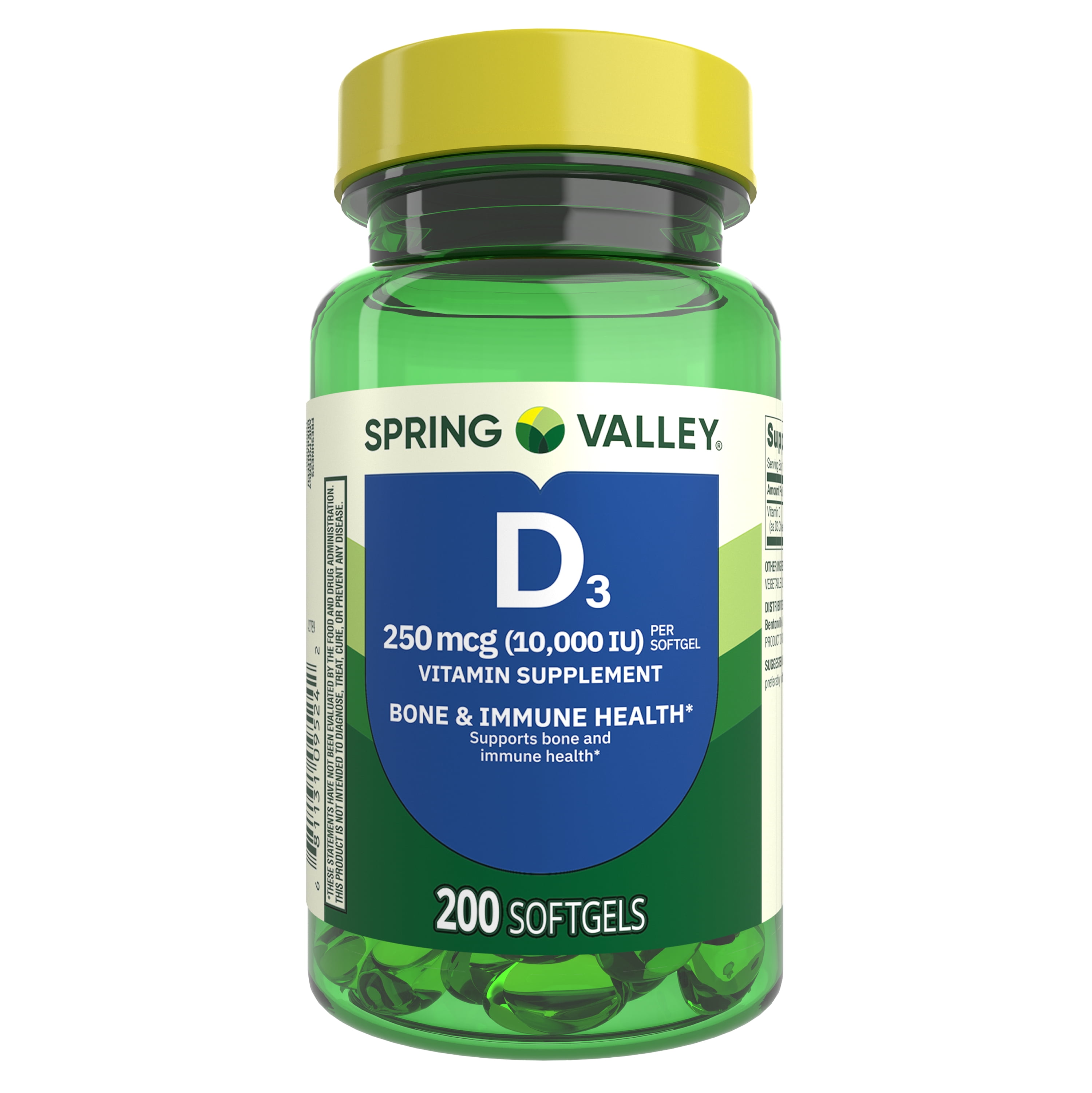 Spring Valley Vitamin D3 Softgels, 250 mcg (10,000 IU), 200 count, Supplement for Bone and Immune Health