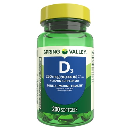 Spring Valley Vitamin D3 Softgels, 250 mcg (10,000 IU), 200 count, Supplement for Bone and Immune Health