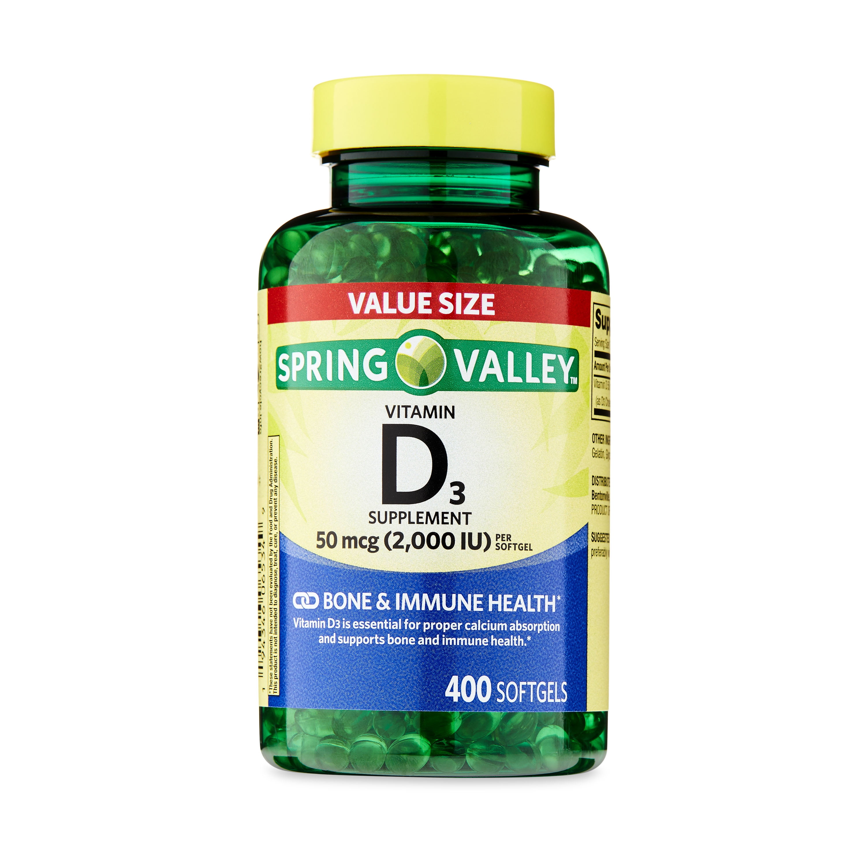 Spring Valley Vitamin D3 Supplement Softgels, 50 Mcg (2,000 IU), 400 ...