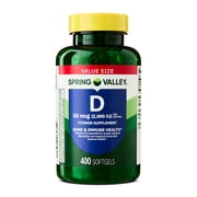 Spring Valley Vitamin D3 Softgels, 50 mcg 2,000 IU, 400 Count, Supplement for Bone and Immune Health