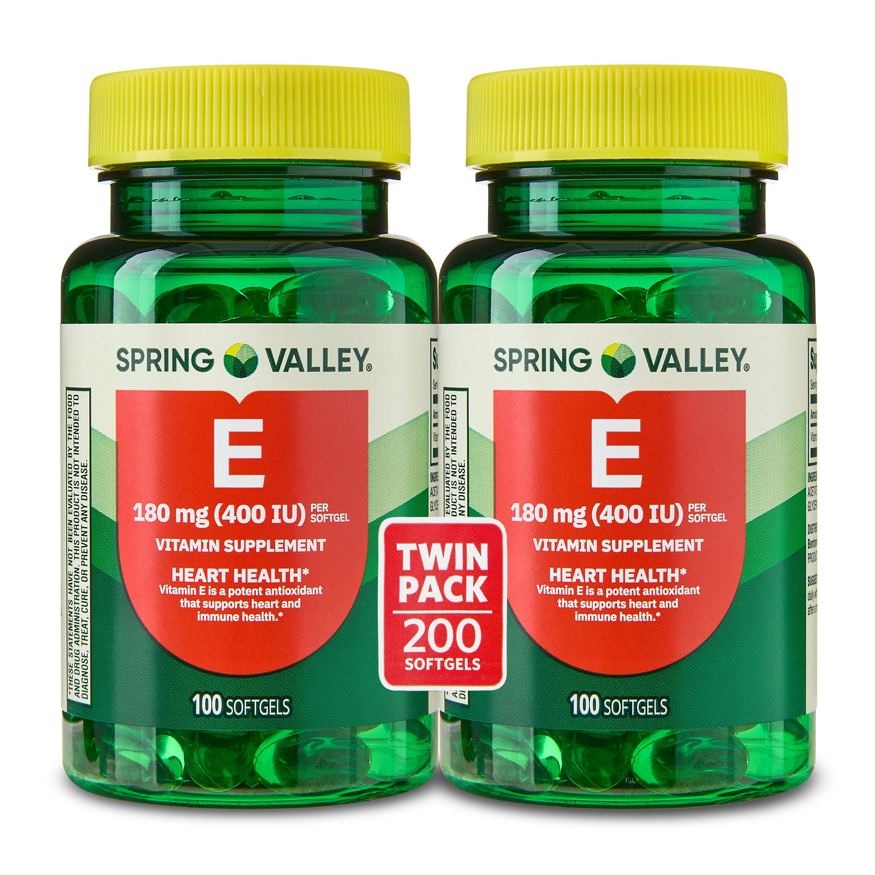 Spring Valley Vitamin E Dietary Supplement Softgels for Heart Health, 180 mg, 200 Count Twin Pack