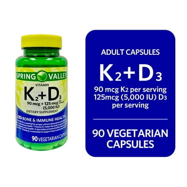Spring Valley Vitamin K2 + D3 Dietary Supplement Vegetarian Capsules for Bone and Immune Health, 90 Count