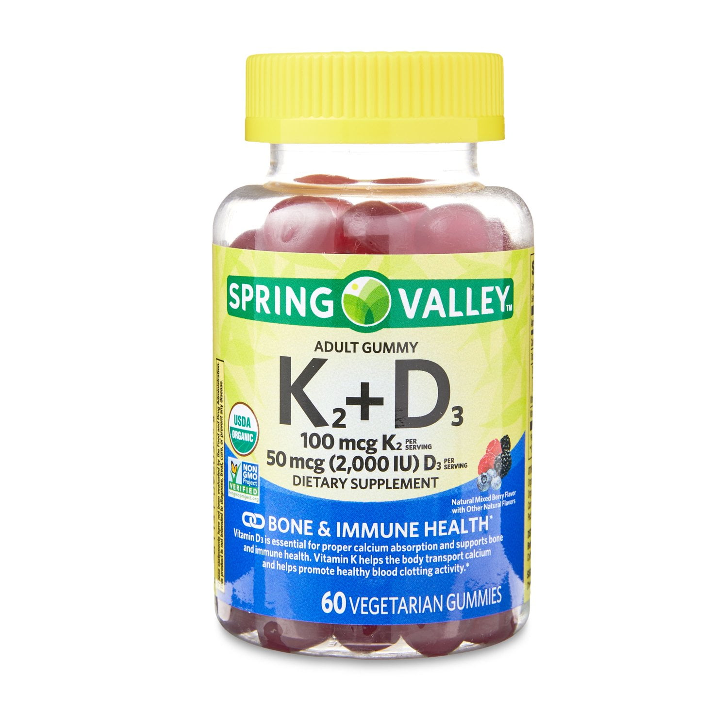 Spring Valley Vitamin K2 + Vitamin D3 Vegetarian Gummies for Bone and Immune Health, Mixed Berry, 60 Count