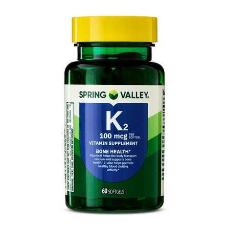 Spring Valley Vitamin K2 Supplement, Soft Gel Capsules, 100 Mcg, 60 Count