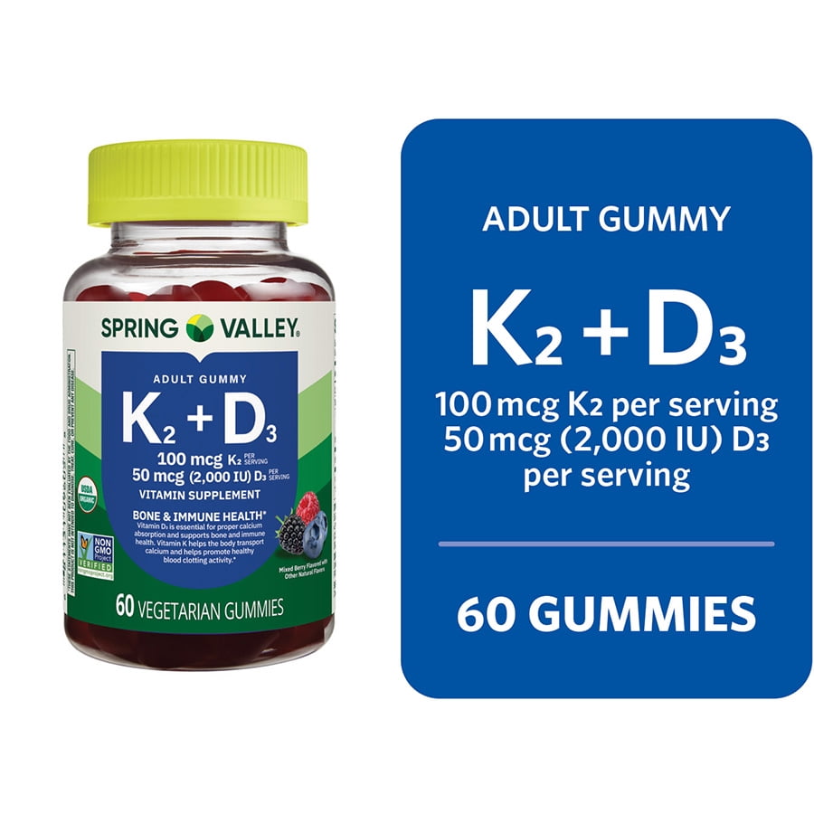 Spring Valley Vitamin K2 + Vitamin D3 Supplement Vegetarian Gummies for Bone and Immune Health, Mixed Berry, 60 Count