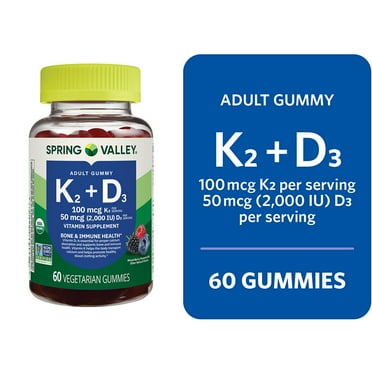 Spring Valley Vitamin K2 + Vitamin D3 Supplement Vegetarian Gummies for Bone and Immune Health, Mixed Berry, 60 Count