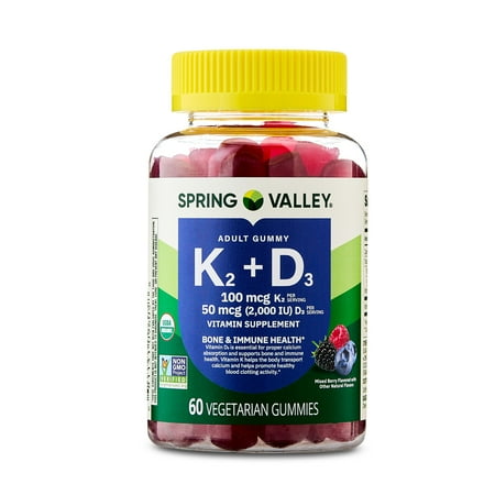 Spring Valley Vitamin K2 + Vitamin D3 Gummies, Mixed Berry, 60 Count, Supplement for Bone and Immune Health
