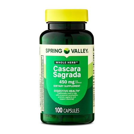 Spring Valley Whole Herb Cascara Sagrada Dietary Supplement Capsules for Digestive Health, 450 mg, 100 Count