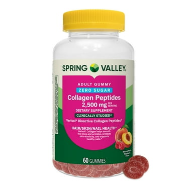 Spring Valley Zero Sugar Collagen Peptides Gummies for Hair/Skin/Nails Health, Peach and Raspberry Flavors, 2,500 mg, 60 Count