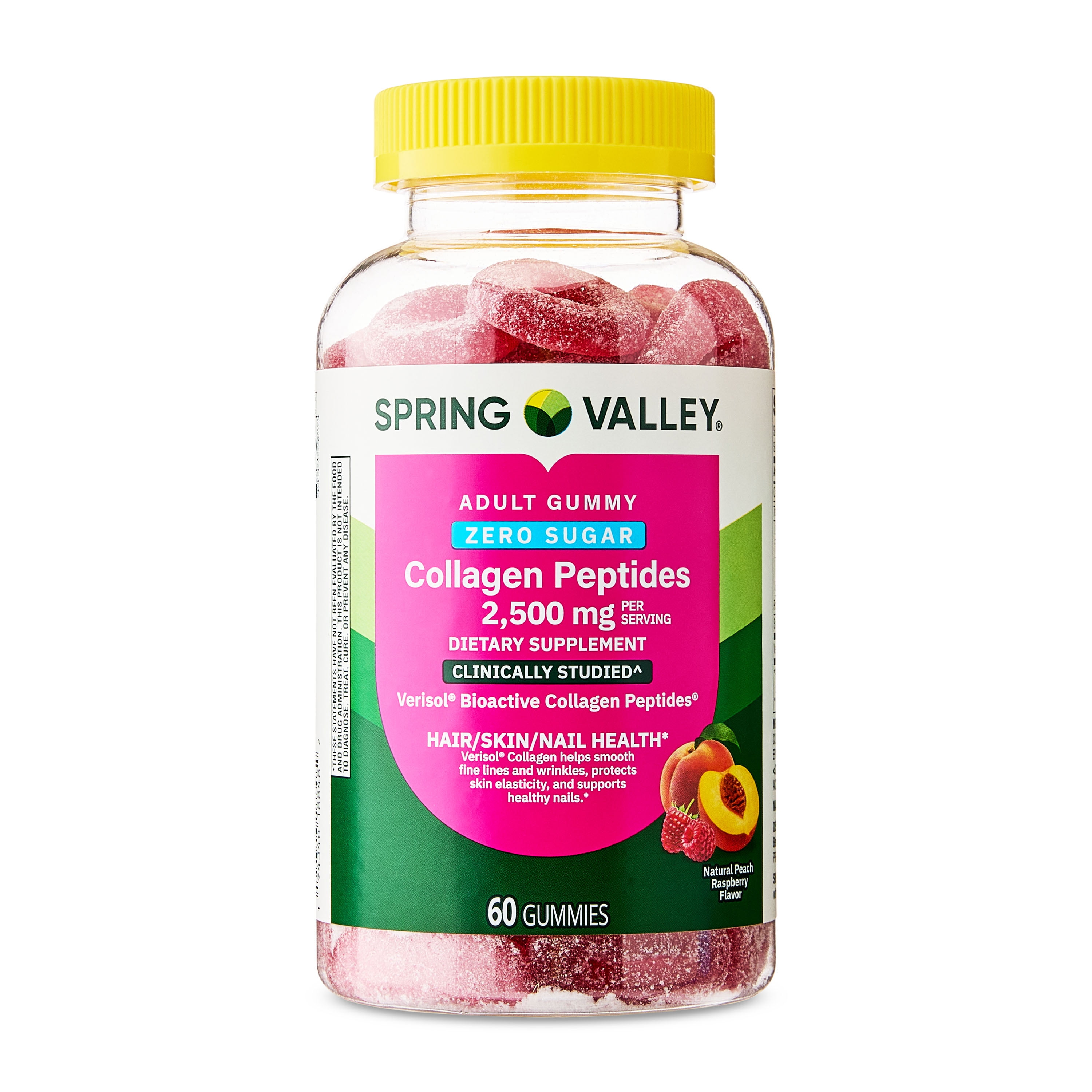 Spring Valley Zero Sugar Collagen Peptides Gummies for Hair/Skin/Nails Health, Peach and Raspberry Flavors, 2,500 mg, 60 Count