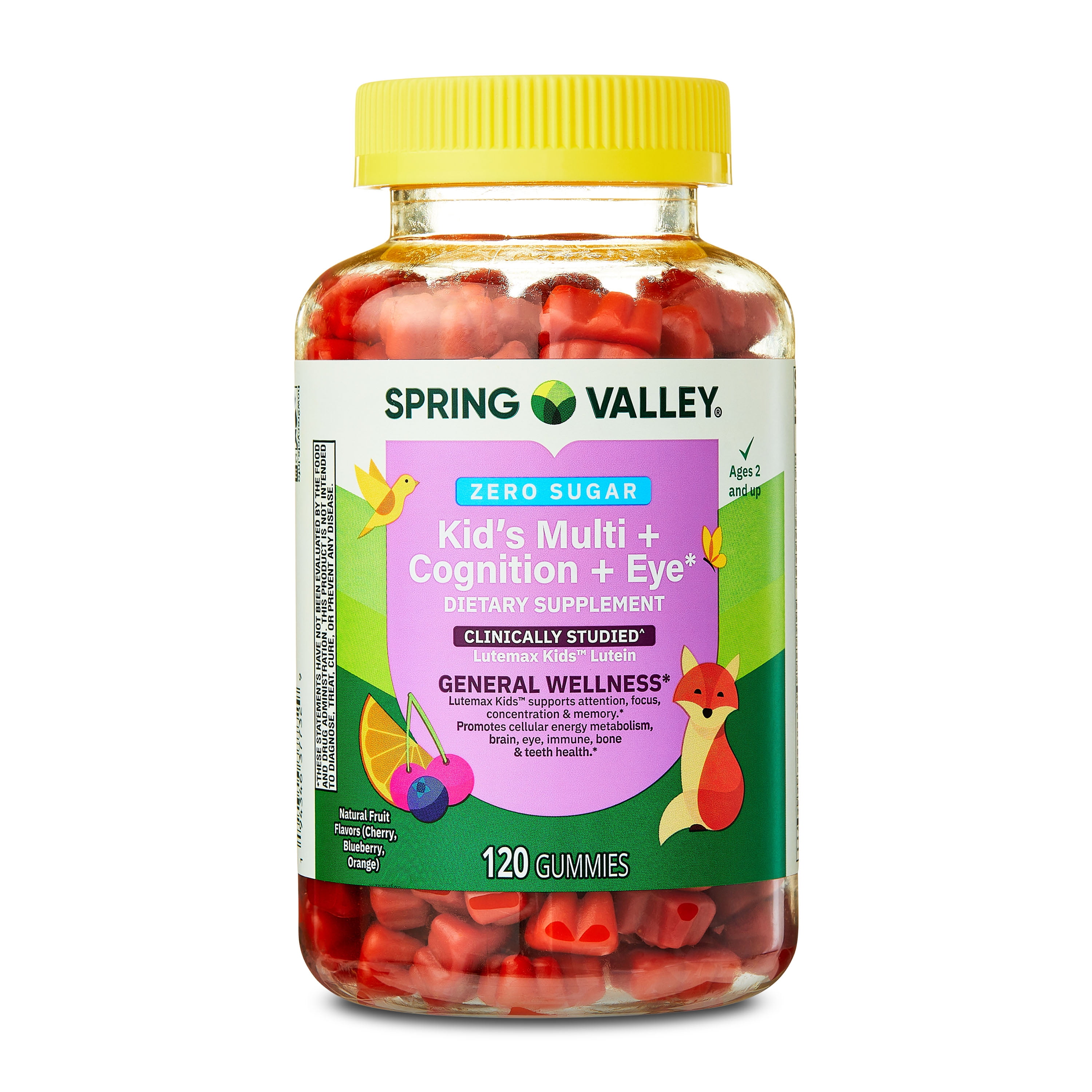 Spring Valley Zero Sugar Kids Multi + Cognition + Eye Gummy, Natural Fruit Flavors, 120 Count