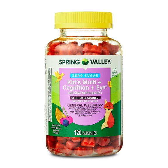 Spring Valley Zero Sugar Kids Multi + Cognition + Eye Gummy, Natural Fruit Flavors, 120 Count
