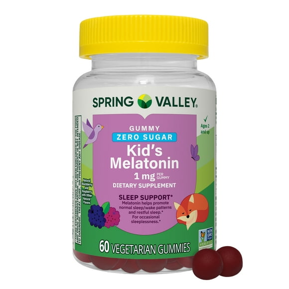 Spring Valley Zero Sugar Kids Melatonin Sleep Support Dietary Supplement Gummies, Blackberry and Raspberry, 1 mg, 60 Count