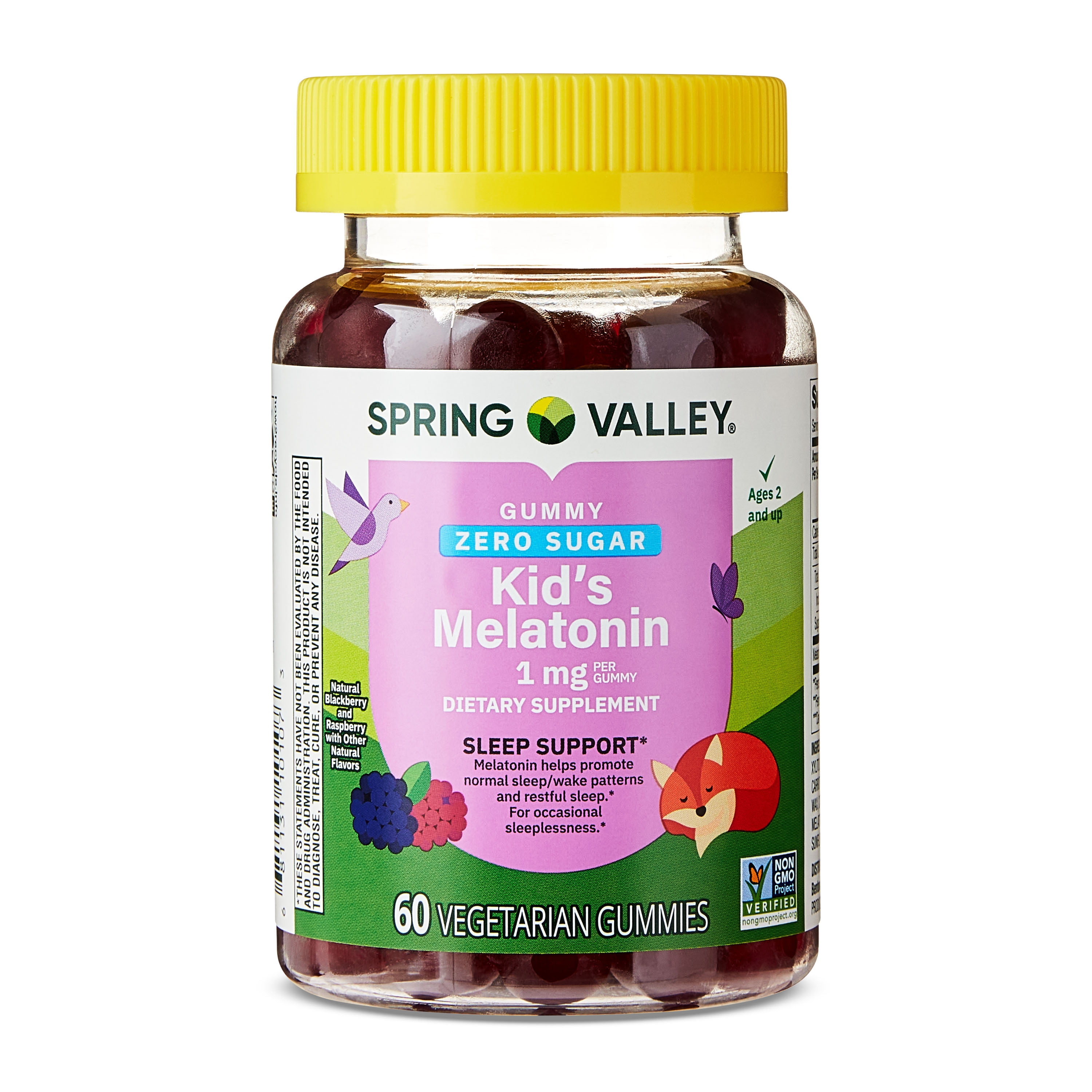 Spring Valley Zero Sugar Kids Melatonin Sleep Support Dietary Supplement Gummies, Blackberry and Raspberry, 1 mg, 60 Count